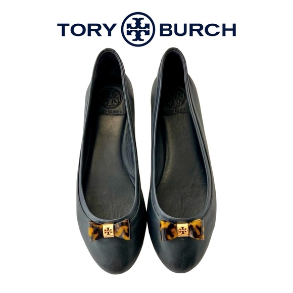 Tory Burch Sz 8 Preppy Ballet flats tortoise bow Jolene Tortuga Gold Reva navy - Picture 1 of 16